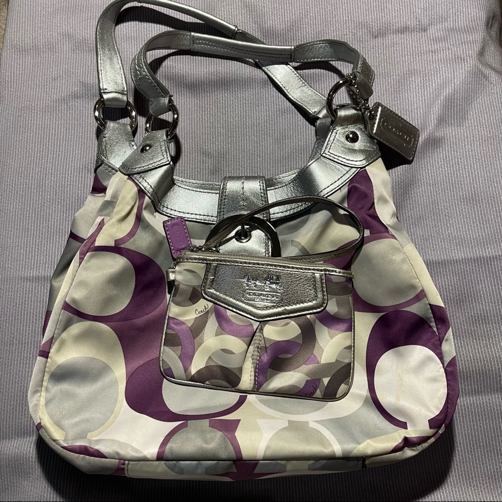 Coach Purple & Silver Satin Hobo Bag, Wallet, & Coin Purse